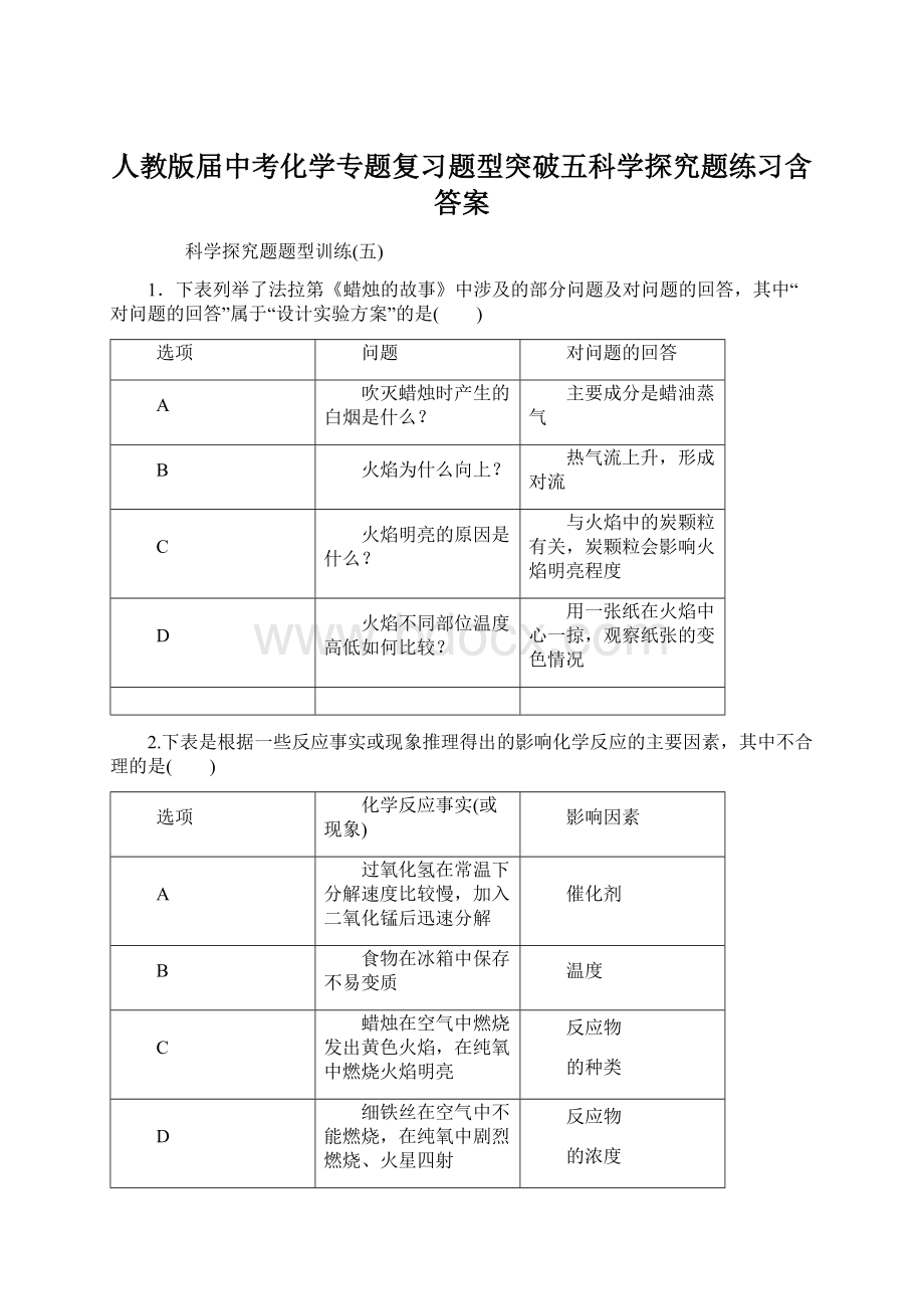 人教版届中考化学专题复习题型突破五科学探究题练习含答案.docx