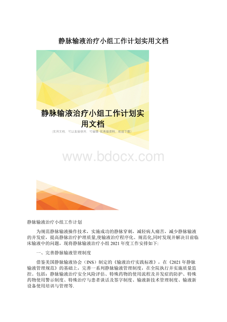 静脉输液治疗小组工作计划实用文档Word下载.docx