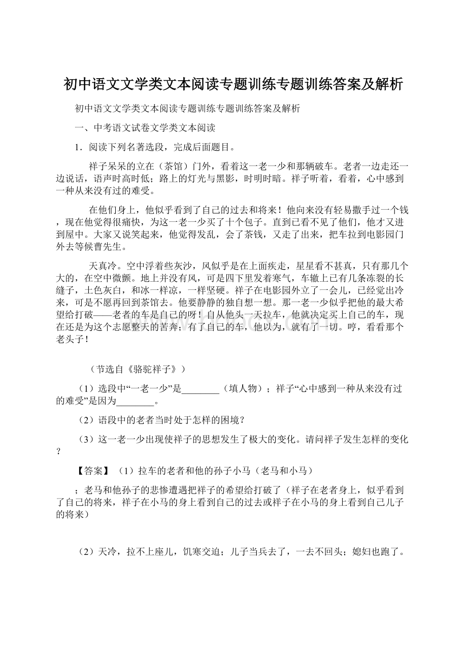 初中语文文学类文本阅读专题训练专题训练答案及解析.docx