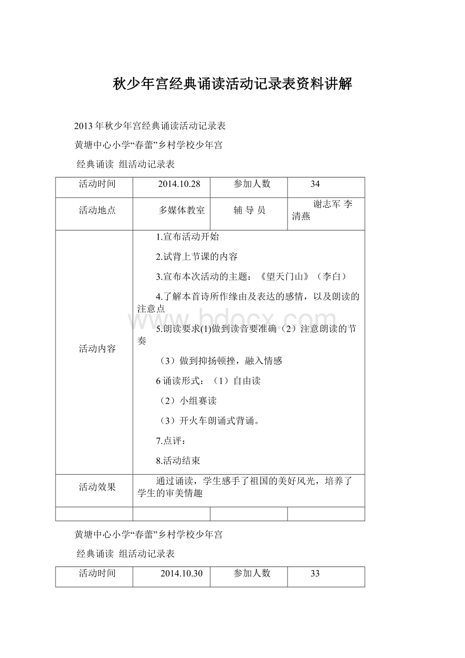 秋少年宫经典诵读活动记录表资料讲解.docx_第1页