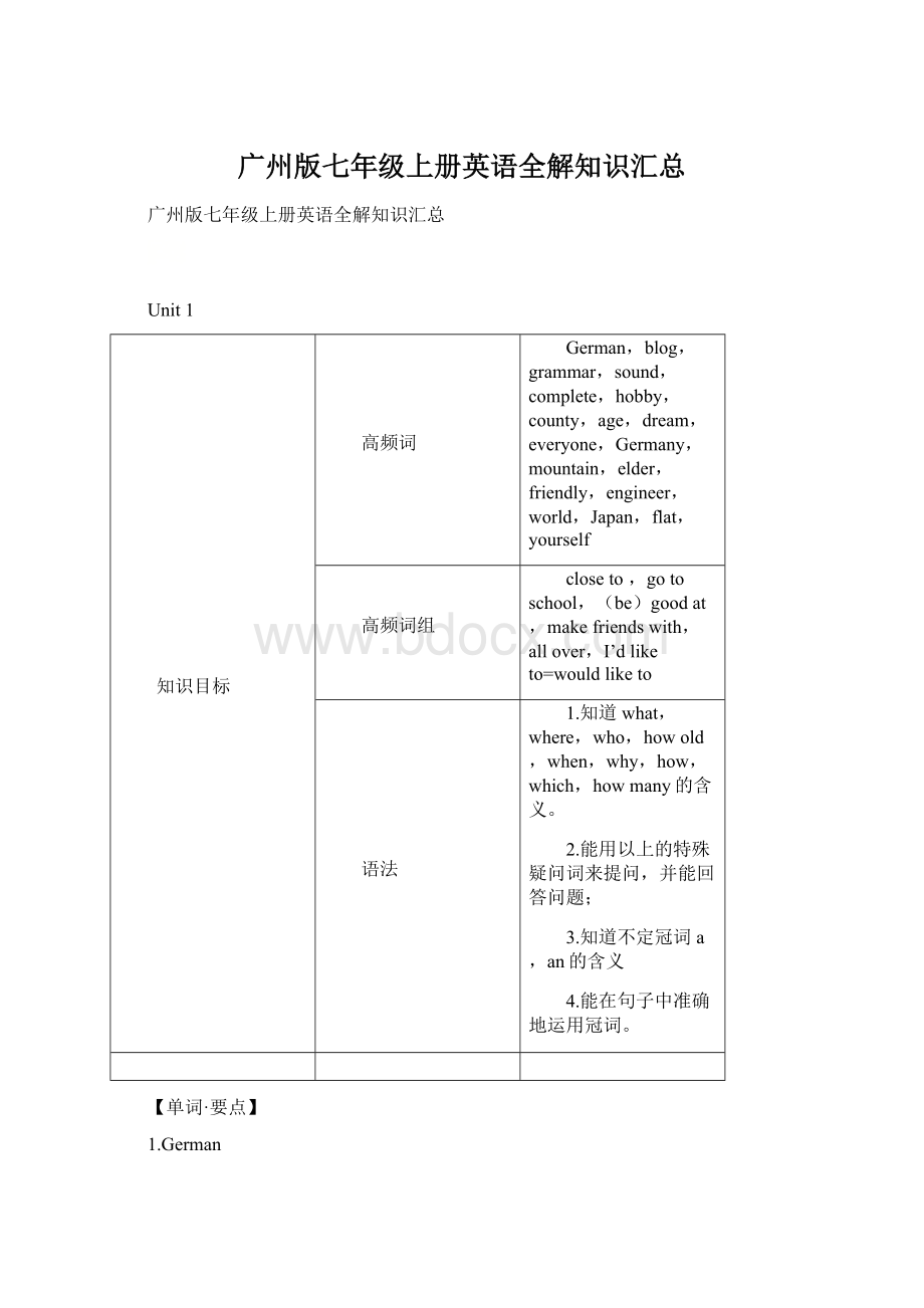 广州版七年级上册英语全解知识汇总Word文档下载推荐.docx_第1页