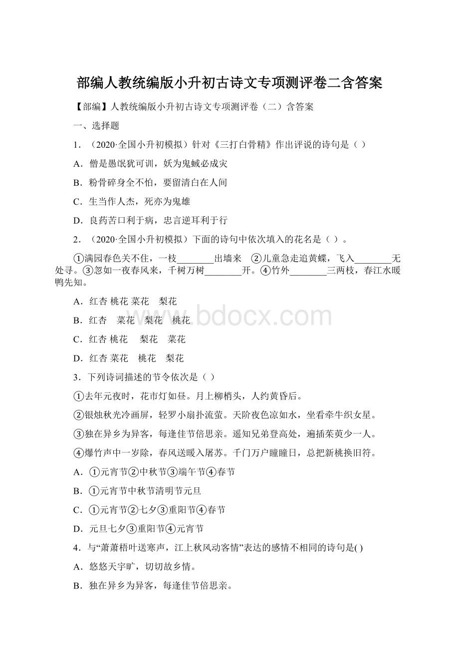 部编人教统编版小升初古诗文专项测评卷二含答案Word下载.docx