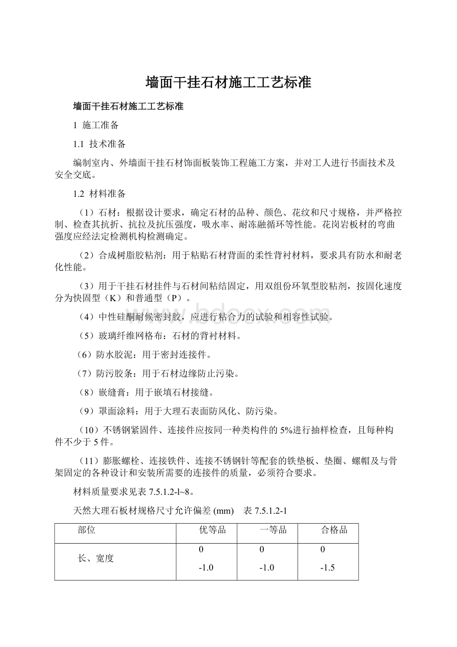 墙面干挂石材施工工艺标准Word格式.docx