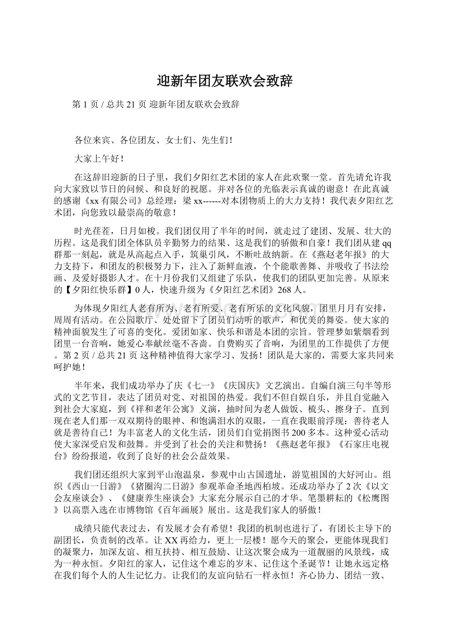 迎新年团友联欢会致辞文档格式.docx