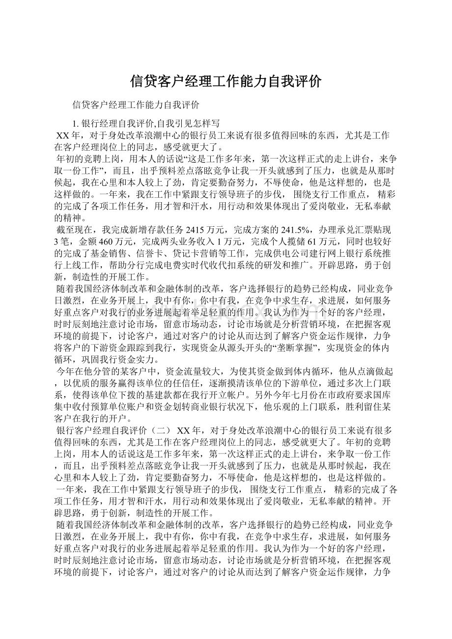 信贷客户经理工作能力自我评价.docx_第1页