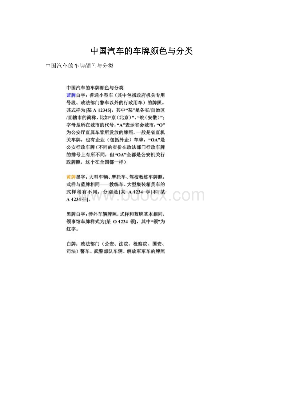 中国汽车的车牌颜色与分类.docx_第1页