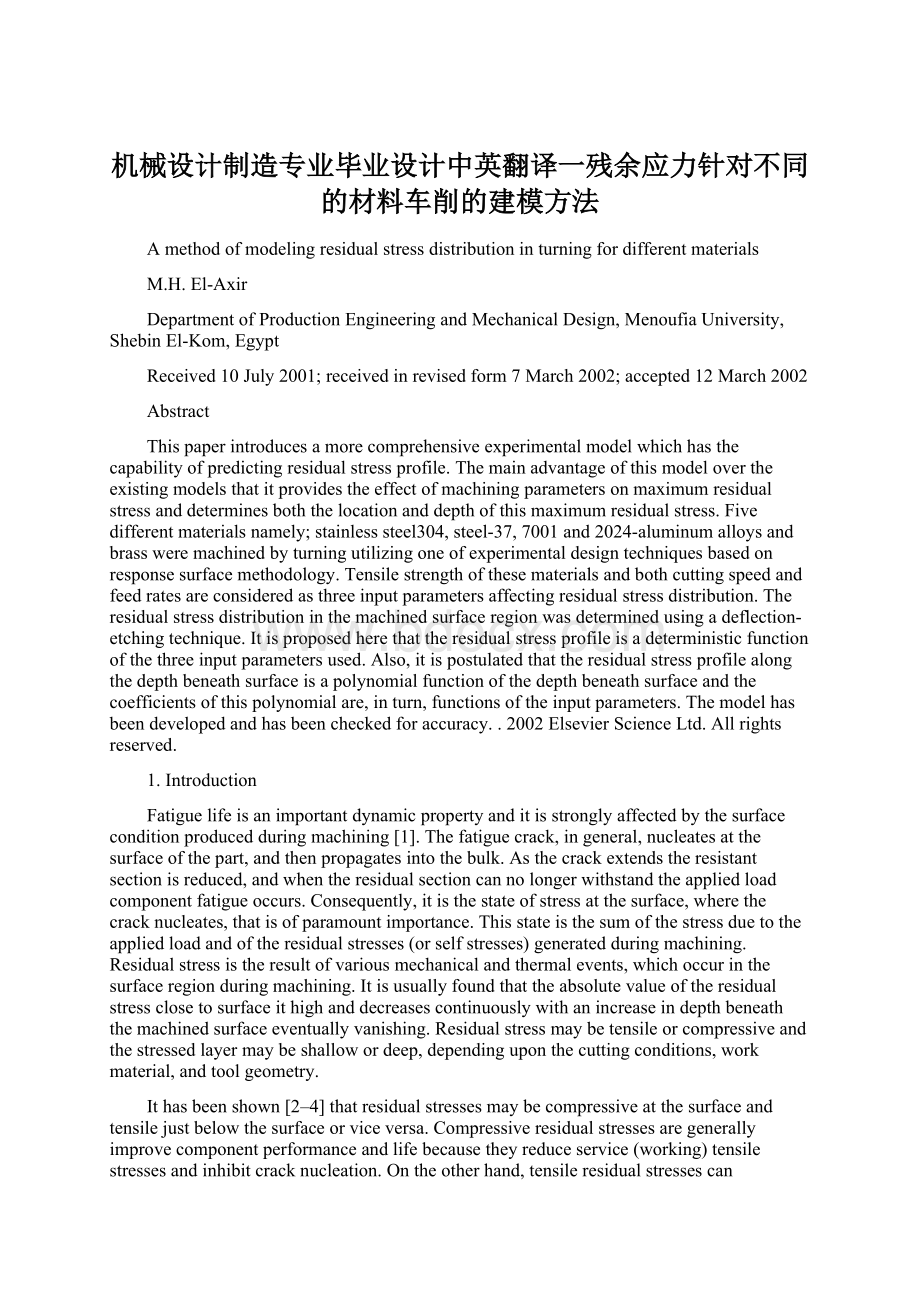 机械设计制造专业毕业设计中英翻译一残余应力针对不同的材料车削的建模方法.docx