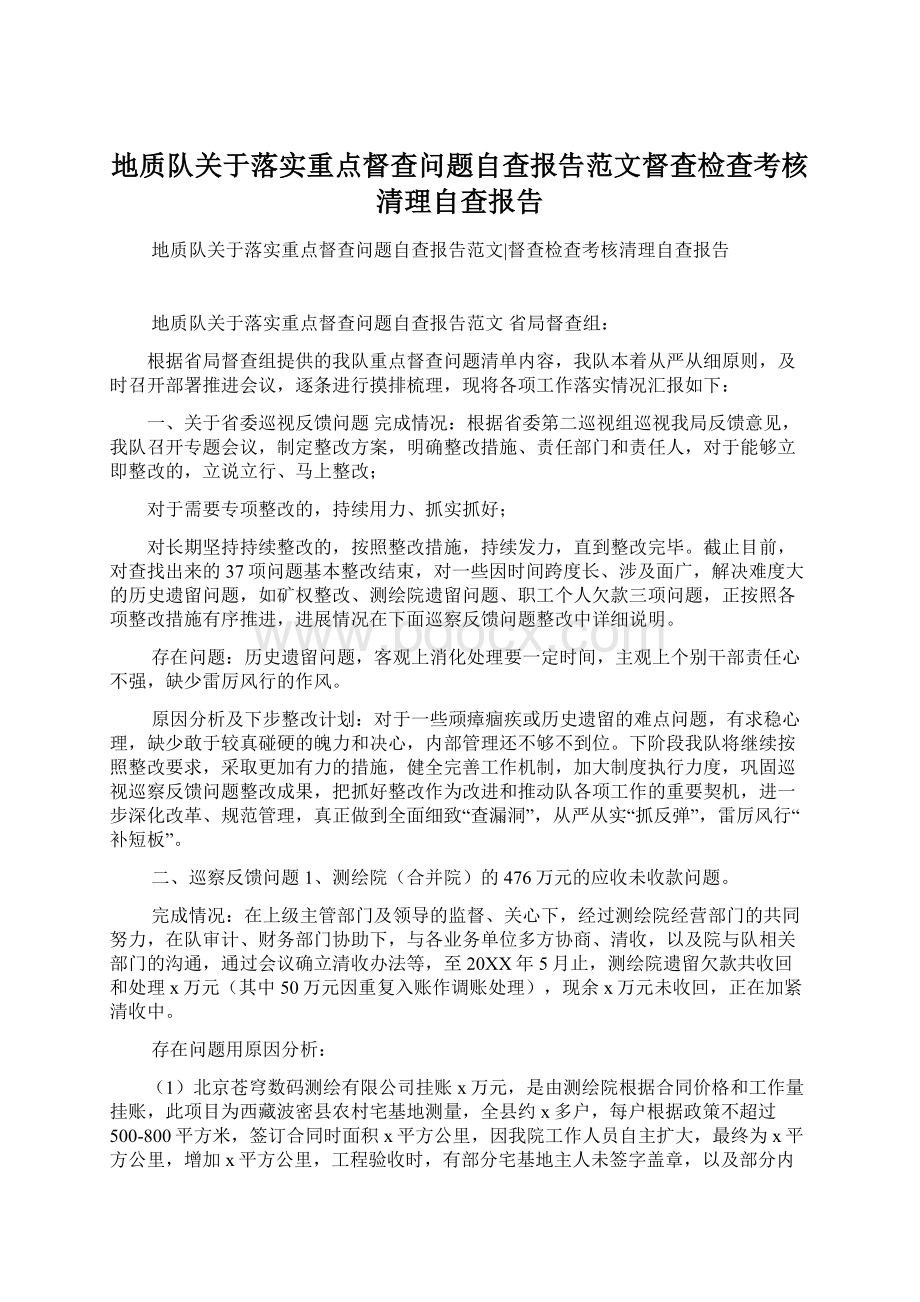 地质队关于落实重点督查问题自查报告范文督查检查考核清理自查报告.docx