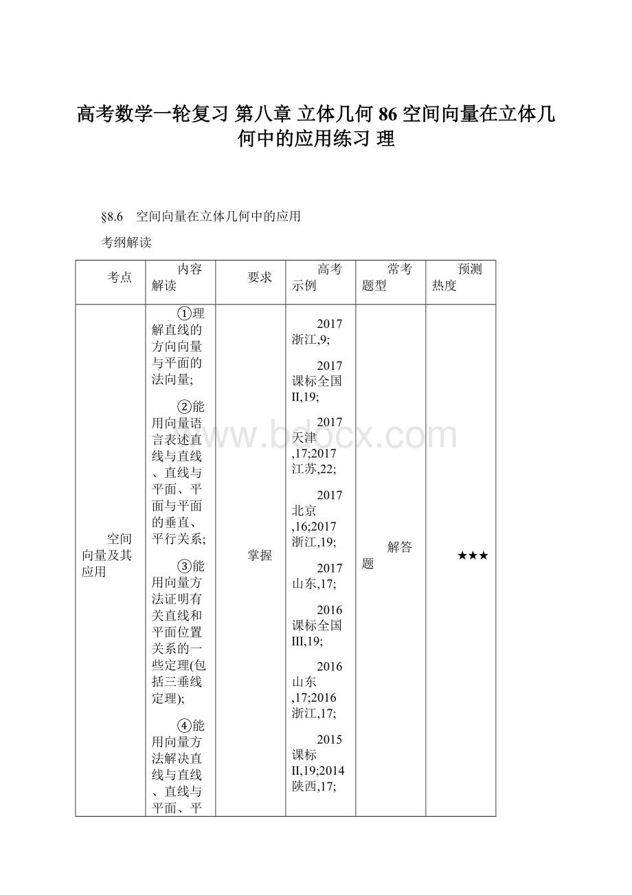 高考数学一轮复习 第八章 立体几何 86 空间向量在立体几何中的应用练习 理.docx_第1页