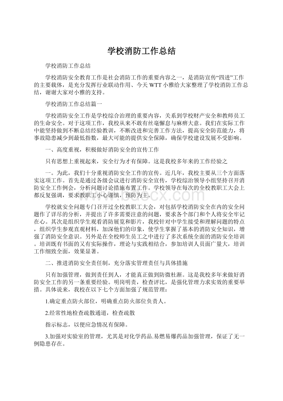 学校消防工作总结文档格式.docx