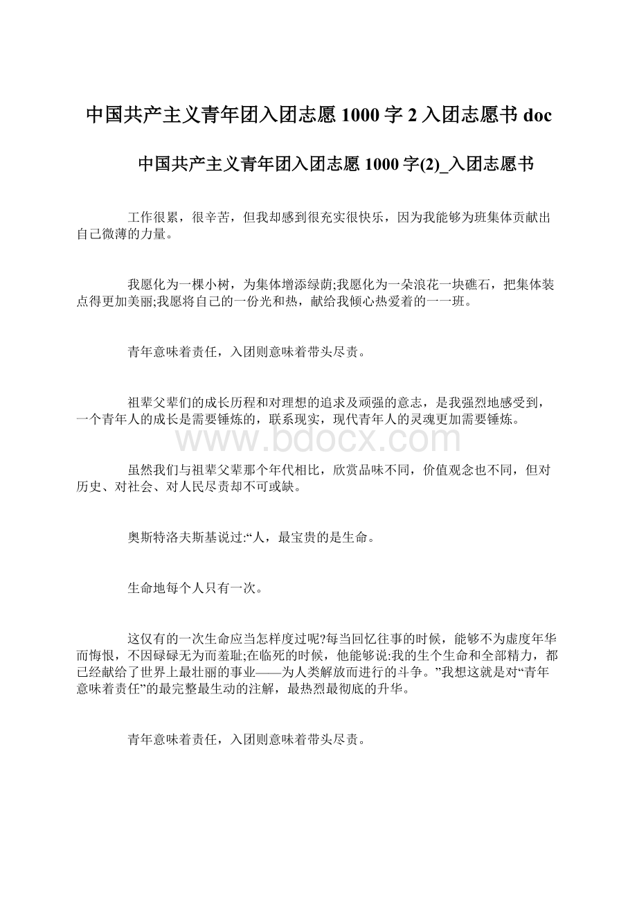 中国共产主义青年团入团志愿1000字2入团志愿书doc.docx_第1页