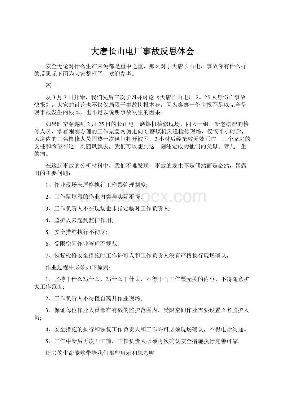 大唐长山电厂事故反思体会文档格式.docx_第1页