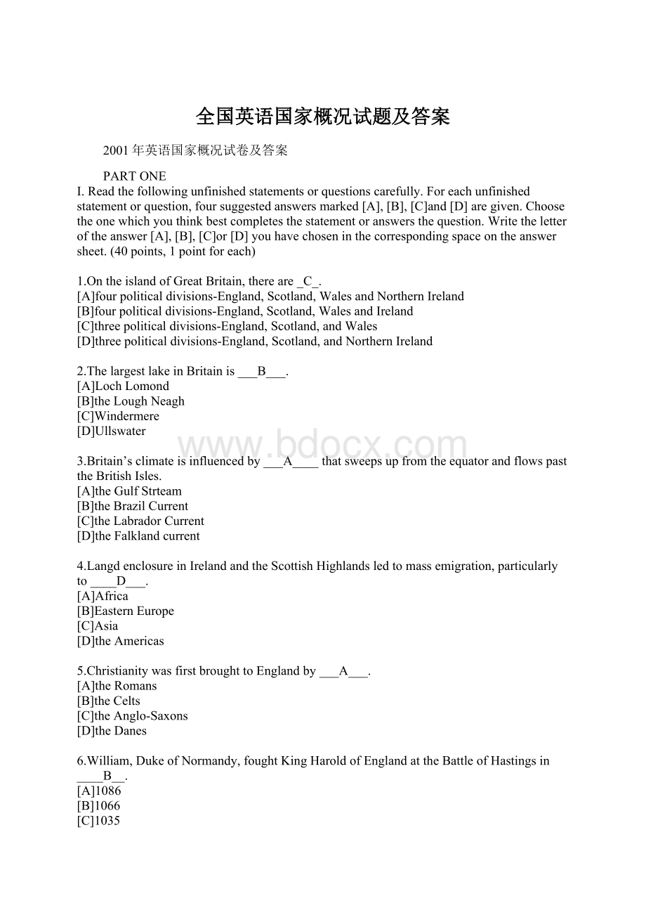 全国英语国家概况试题及答案Word格式.docx_第1页