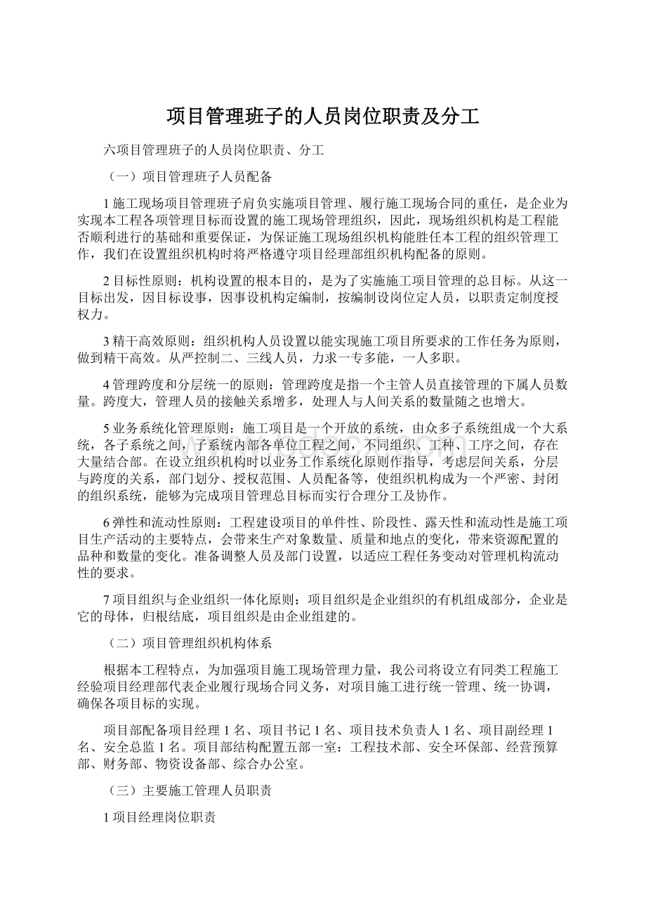 项目管理班子的人员岗位职责及分工.docx_第1页