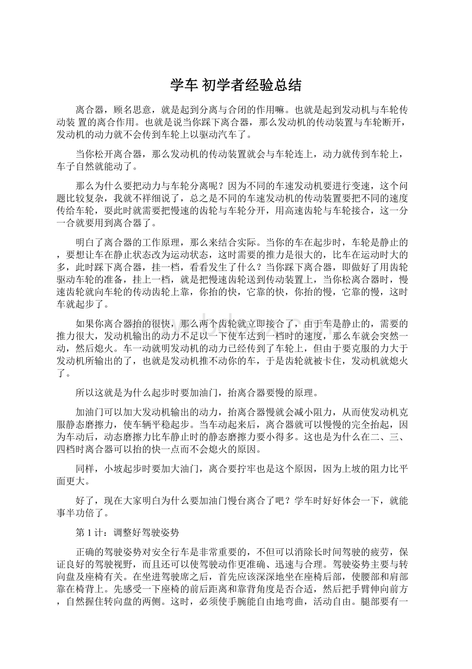 学车 初学者经验总结Word文档下载推荐.docx