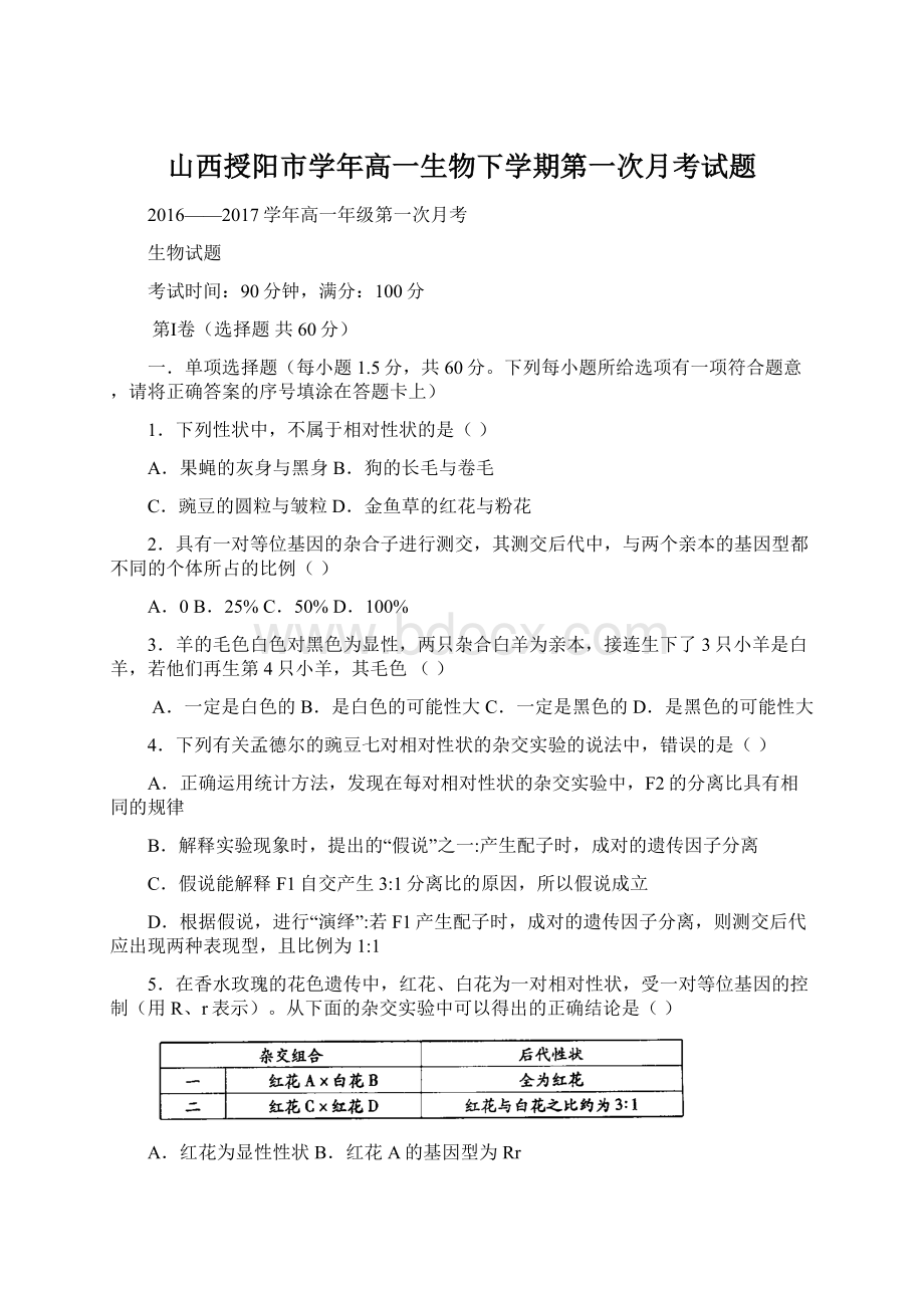 山西授阳市学年高一生物下学期第一次月考试题Word文件下载.docx_第1页