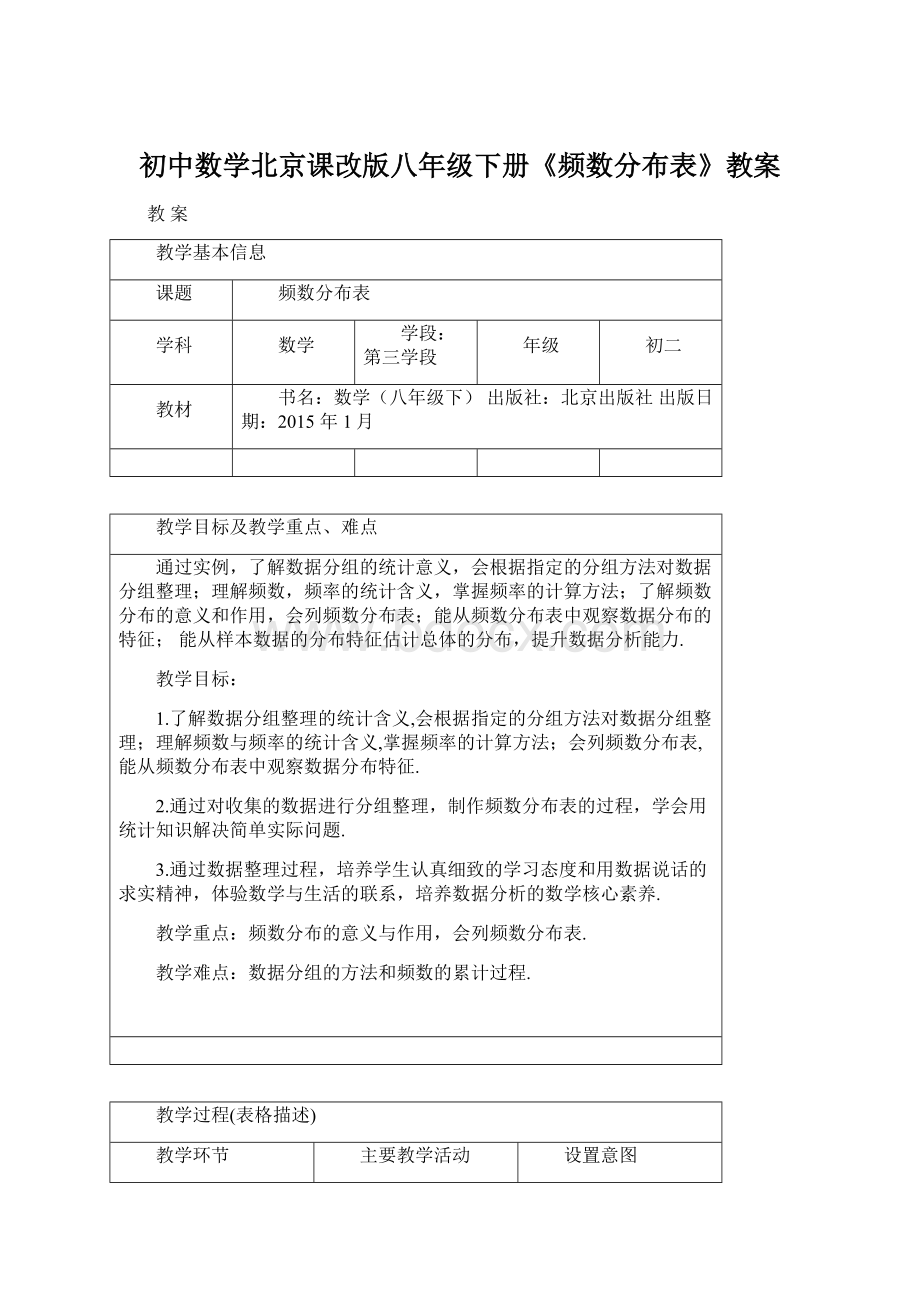 初中数学北京课改版八年级下册《频数分布表》教案Word下载.docx