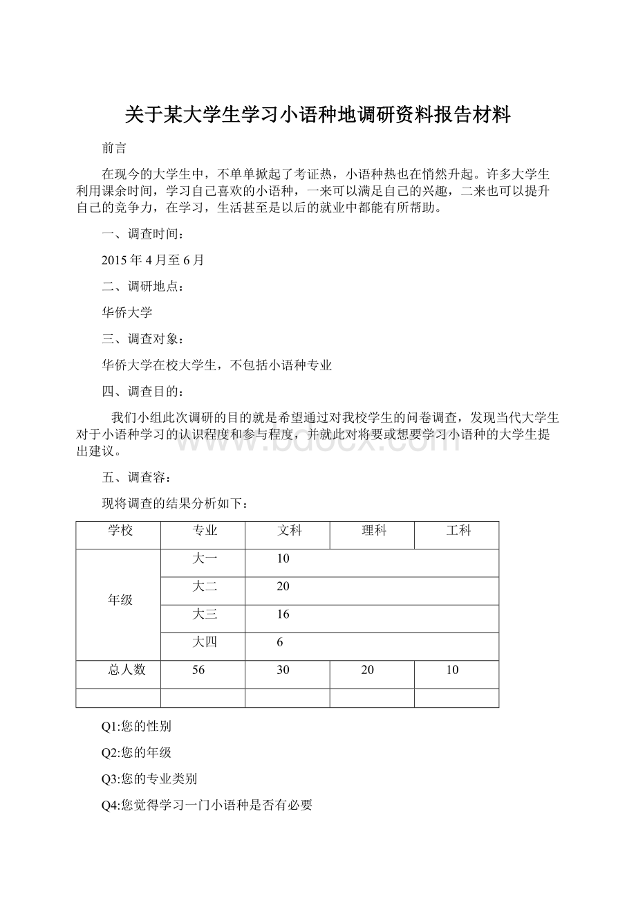 关于某大学生学习小语种地调研资料报告材料.docx