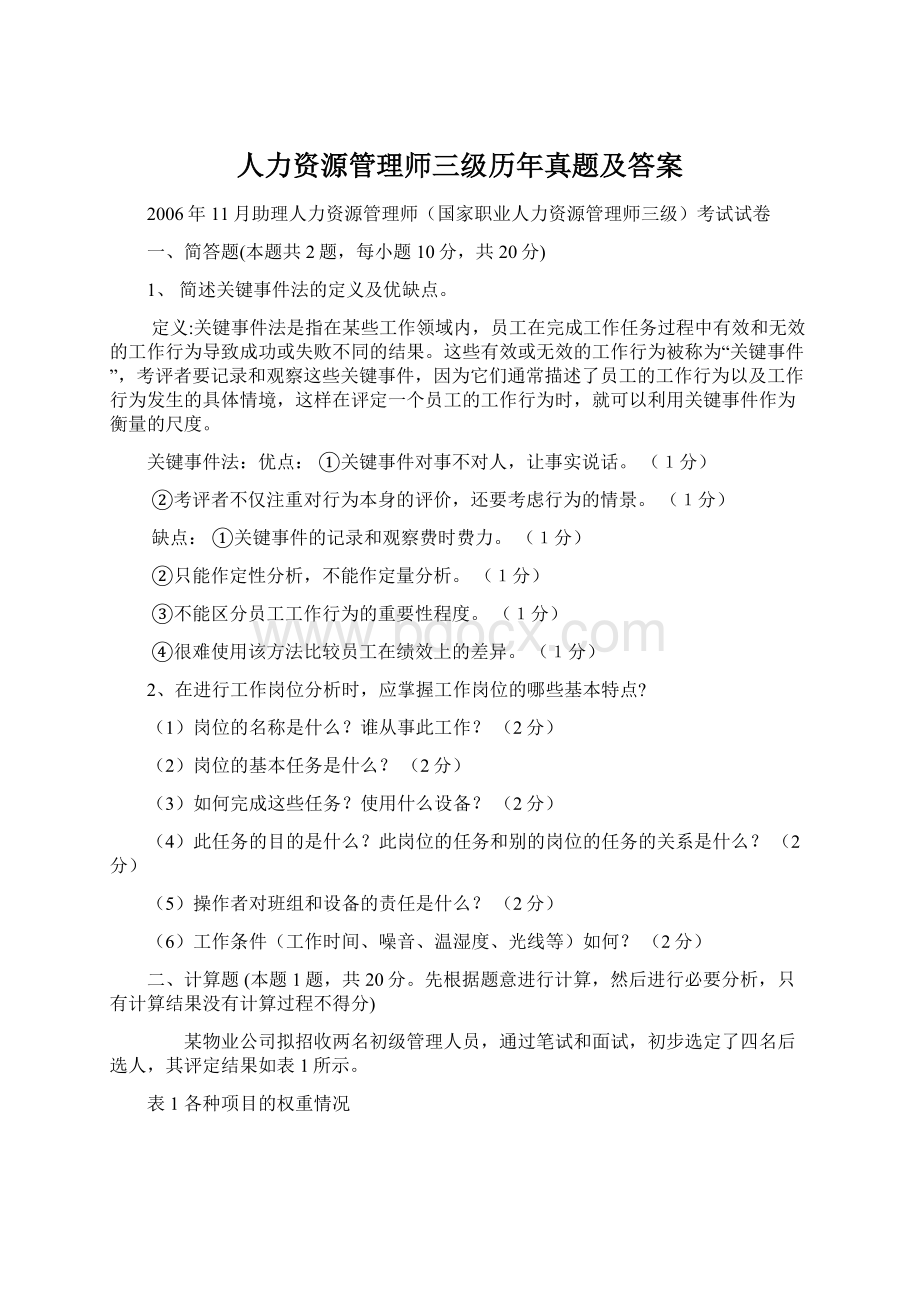 人力资源管理师三级历年真题及答案Word格式文档下载.docx_第1页