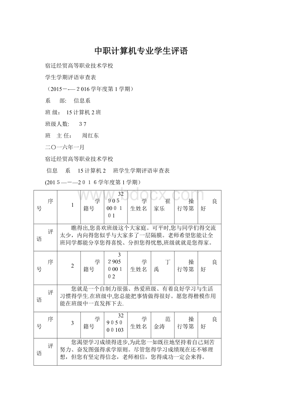 中职计算机专业学生评语.docx