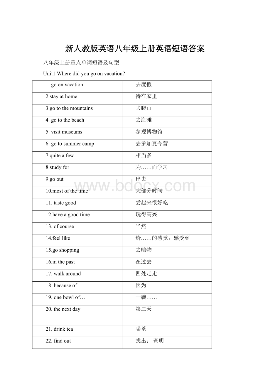 新人教版英语八年级上册英语短语答案Word格式文档下载.docx_第1页