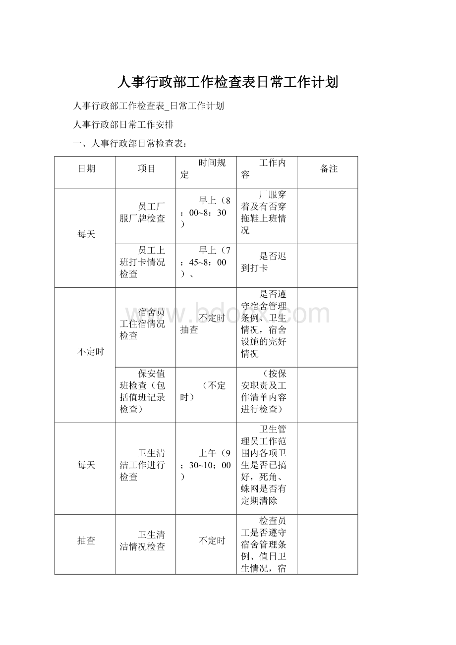 人事行政部工作检查表日常工作计划.docx