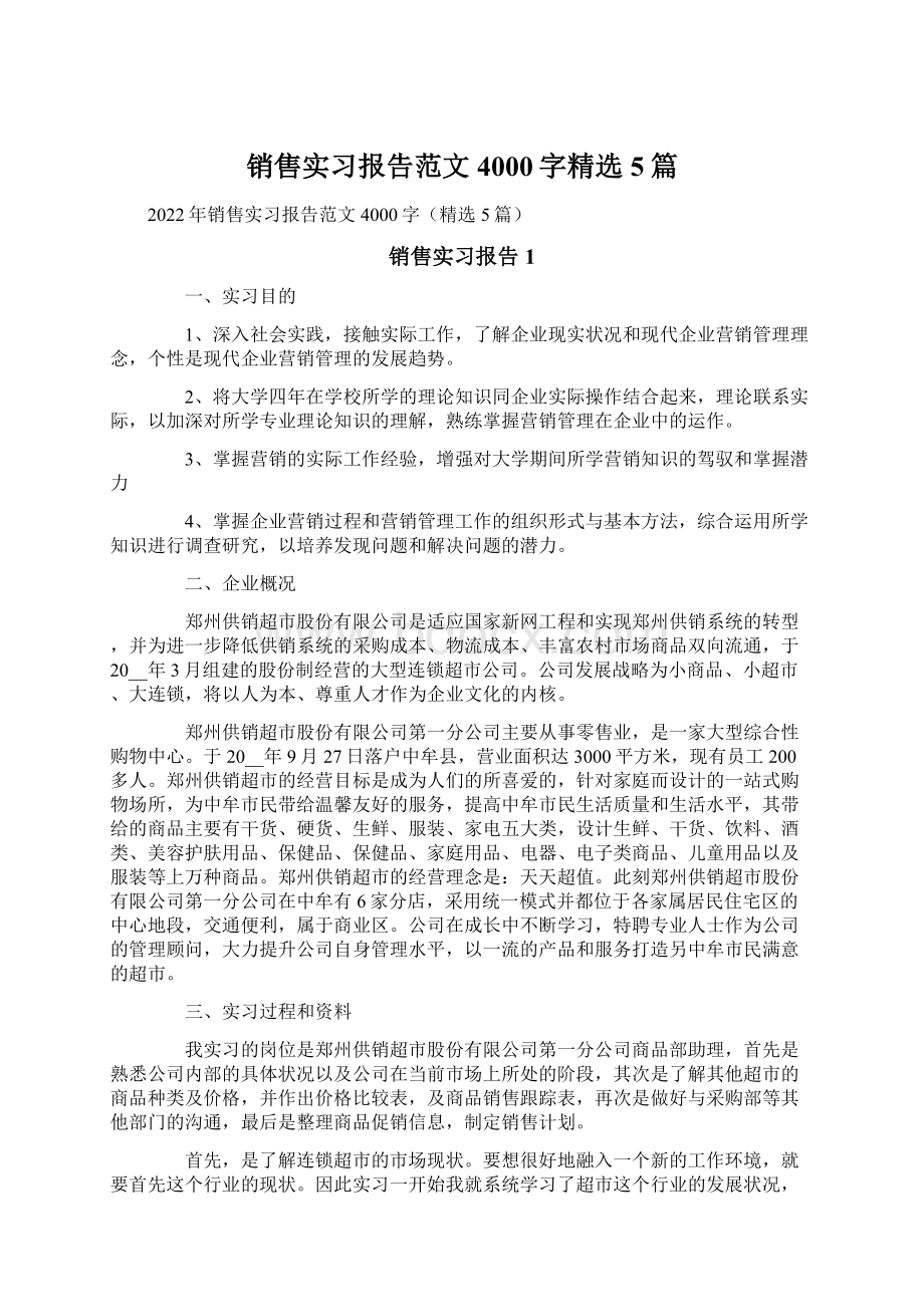 销售实习报告范文4000字精选5篇.docx