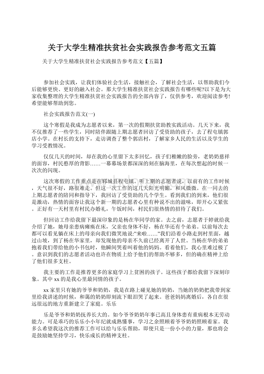 关于大学生精准扶贫社会实践报告参考范文五篇.docx