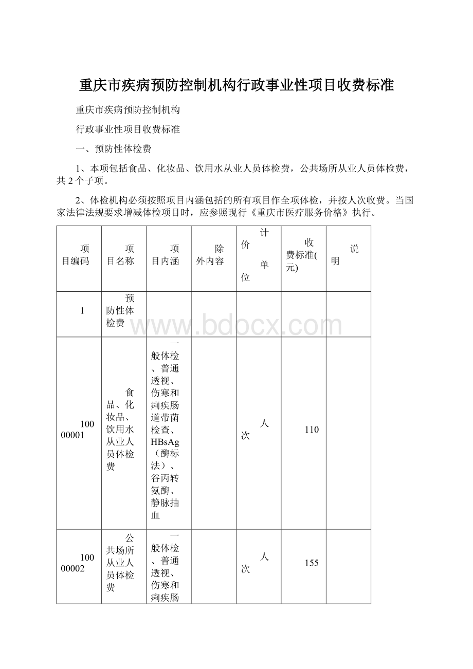 重庆市疾病预防控制机构行政事业性项目收费标准.docx_第1页