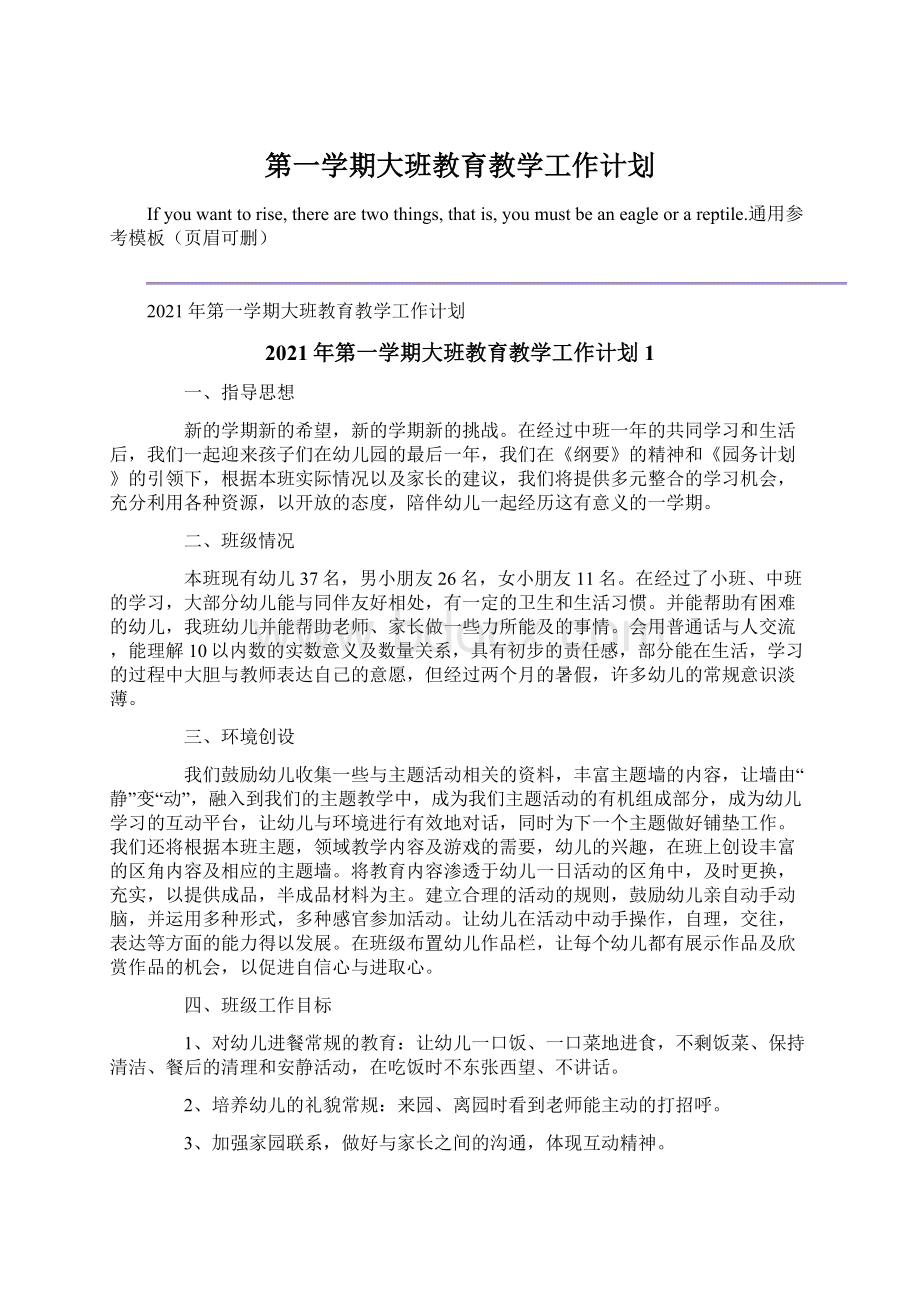 第一学期大班教育教学工作计划.docx