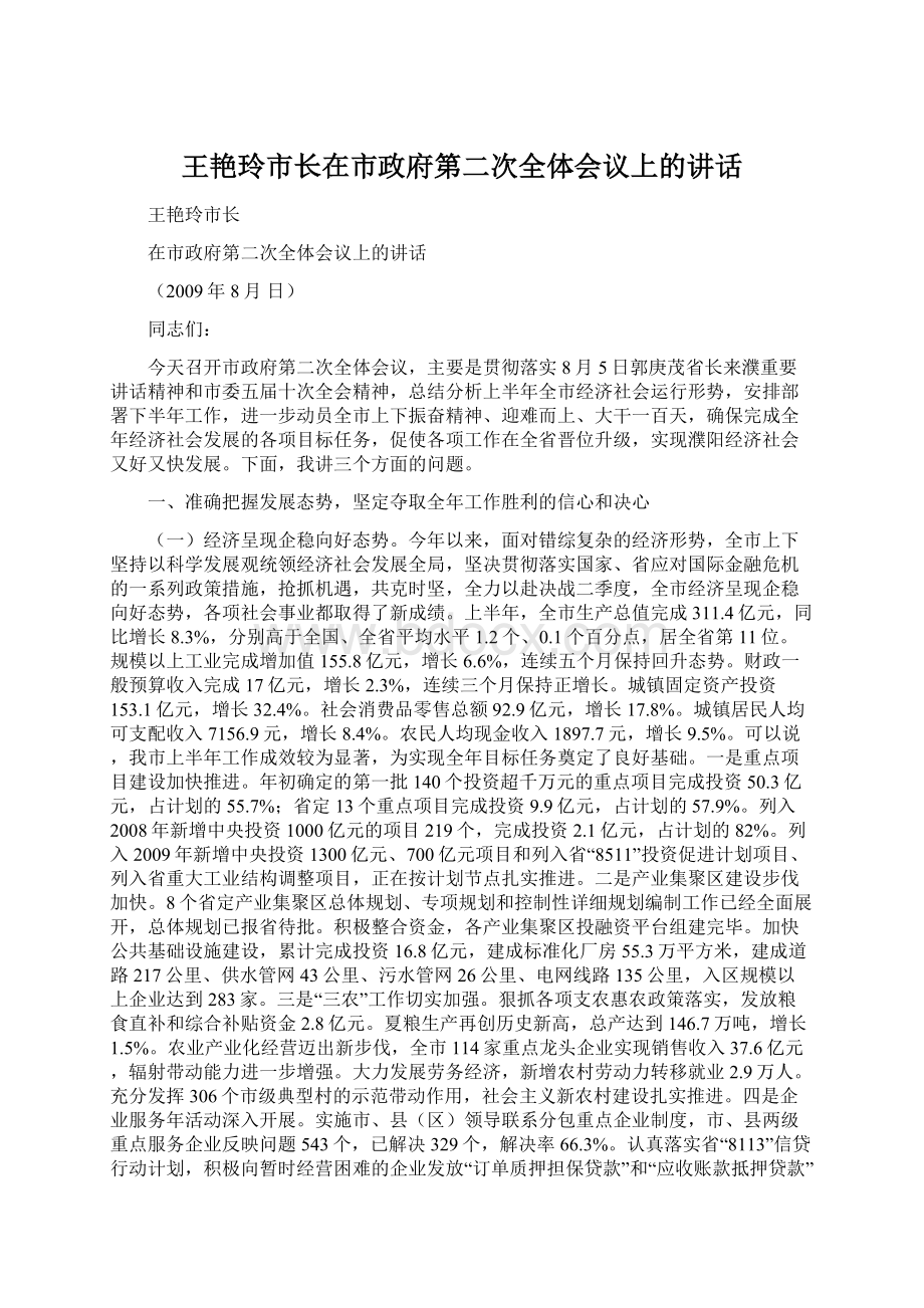 王艳玲市长在市政府第二次全体会议上的讲话.docx