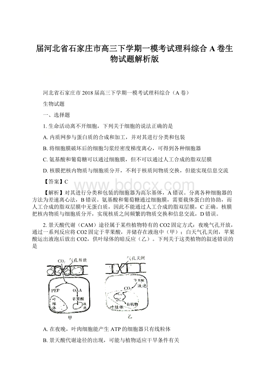 届河北省石家庄市高三下学期一模考试理科综合A卷生物试题解析版Word文档下载推荐.docx