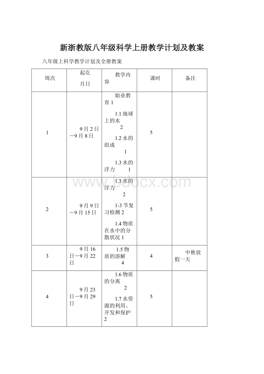 新浙教版八年级科学上册教学计划及教案Word格式.docx_第1页