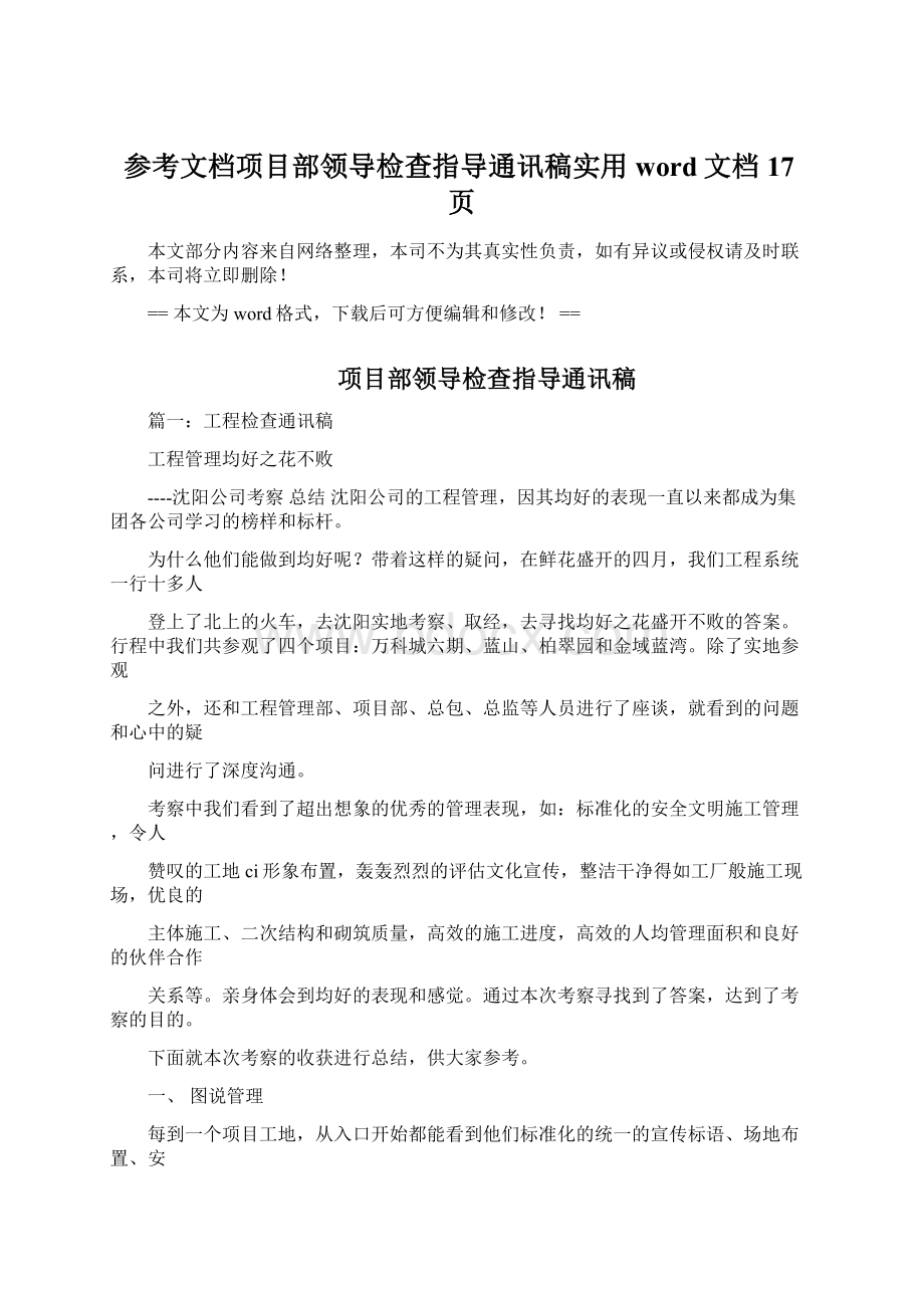 参考文档项目部领导检查指导通讯稿实用word文档 17页文档格式.docx