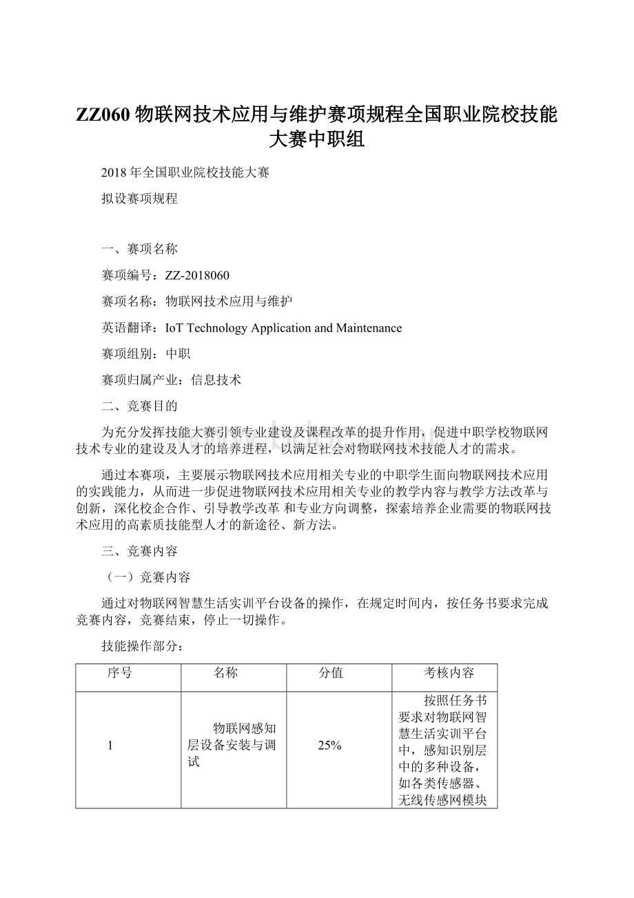 ZZ060 物联网技术应用与维护赛项规程全国职业院校技能大赛中职组Word格式文档下载.docx