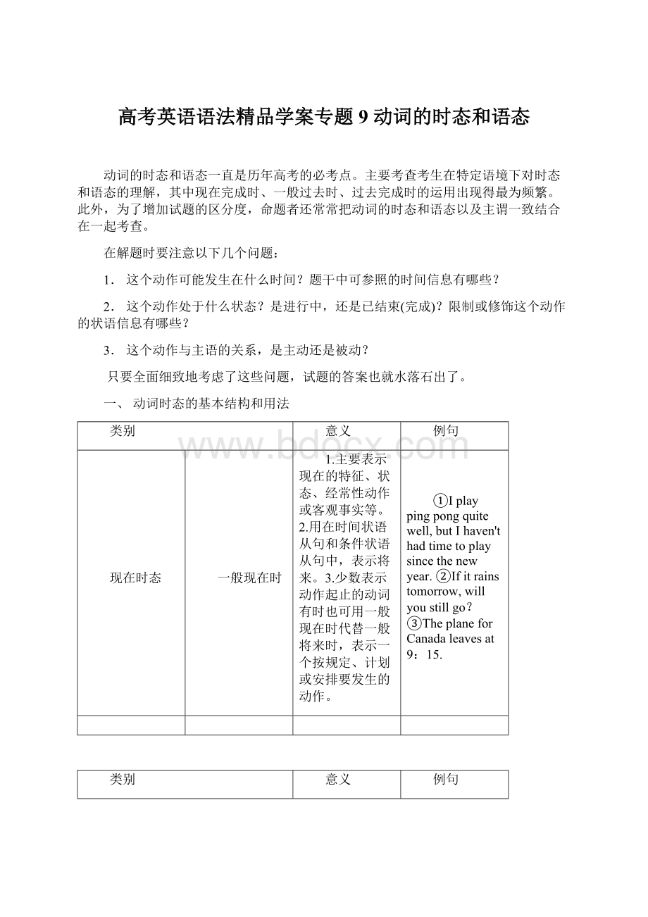 高考英语语法精品学案专题9 动词的时态和语态.docx_第1页