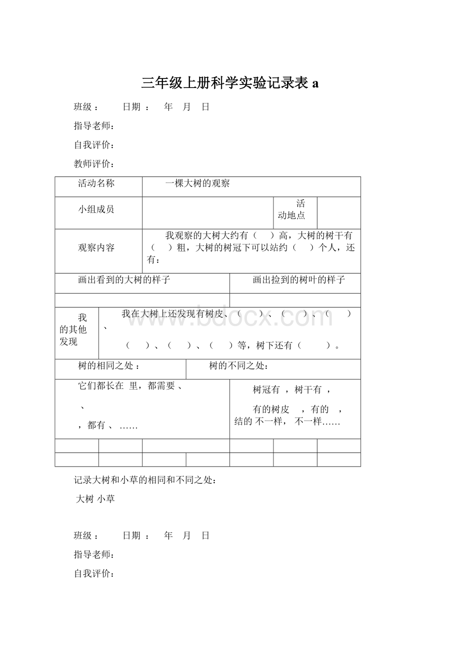 三年级上册科学实验记录表aWord下载.docx