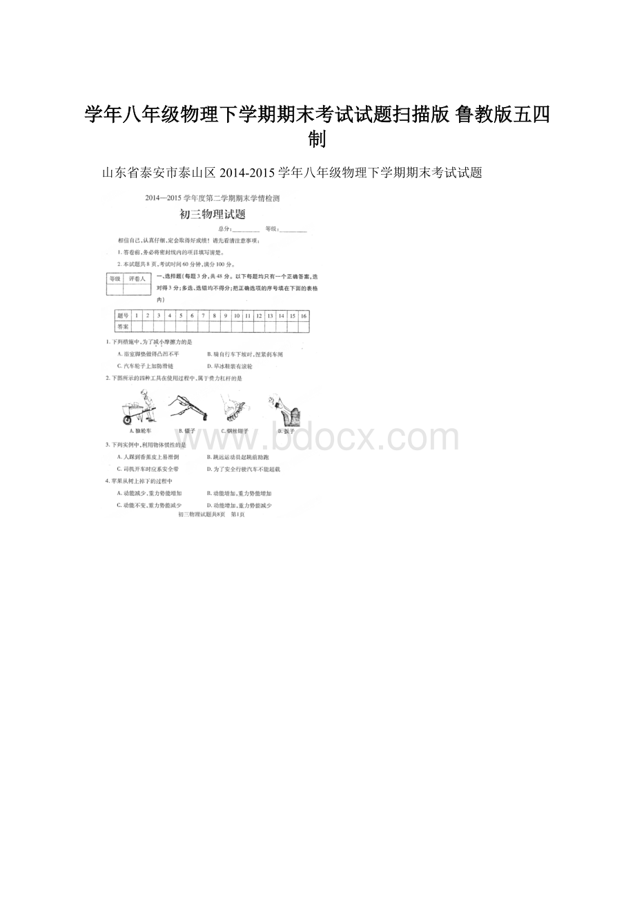 学年八年级物理下学期期末考试试题扫描版 鲁教版五四制Word文档下载推荐.docx