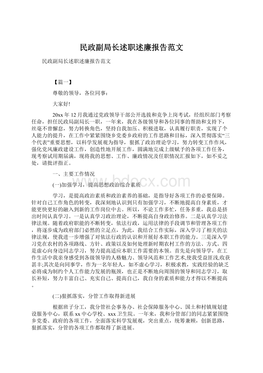 民政副局长述职述廉报告范文Word格式.docx