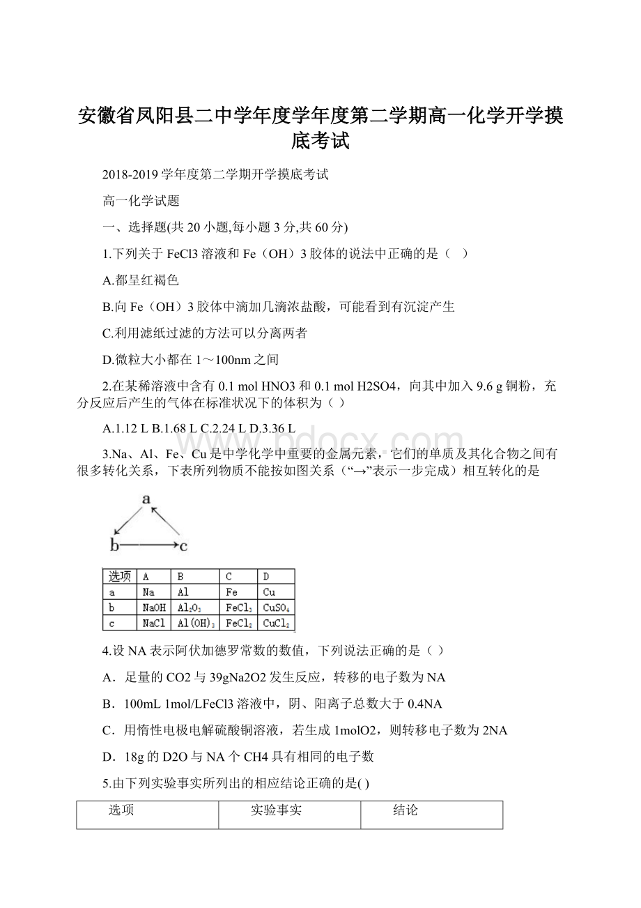 安徽省凤阳县二中学年度学年度第二学期高一化学开学摸底考试.docx