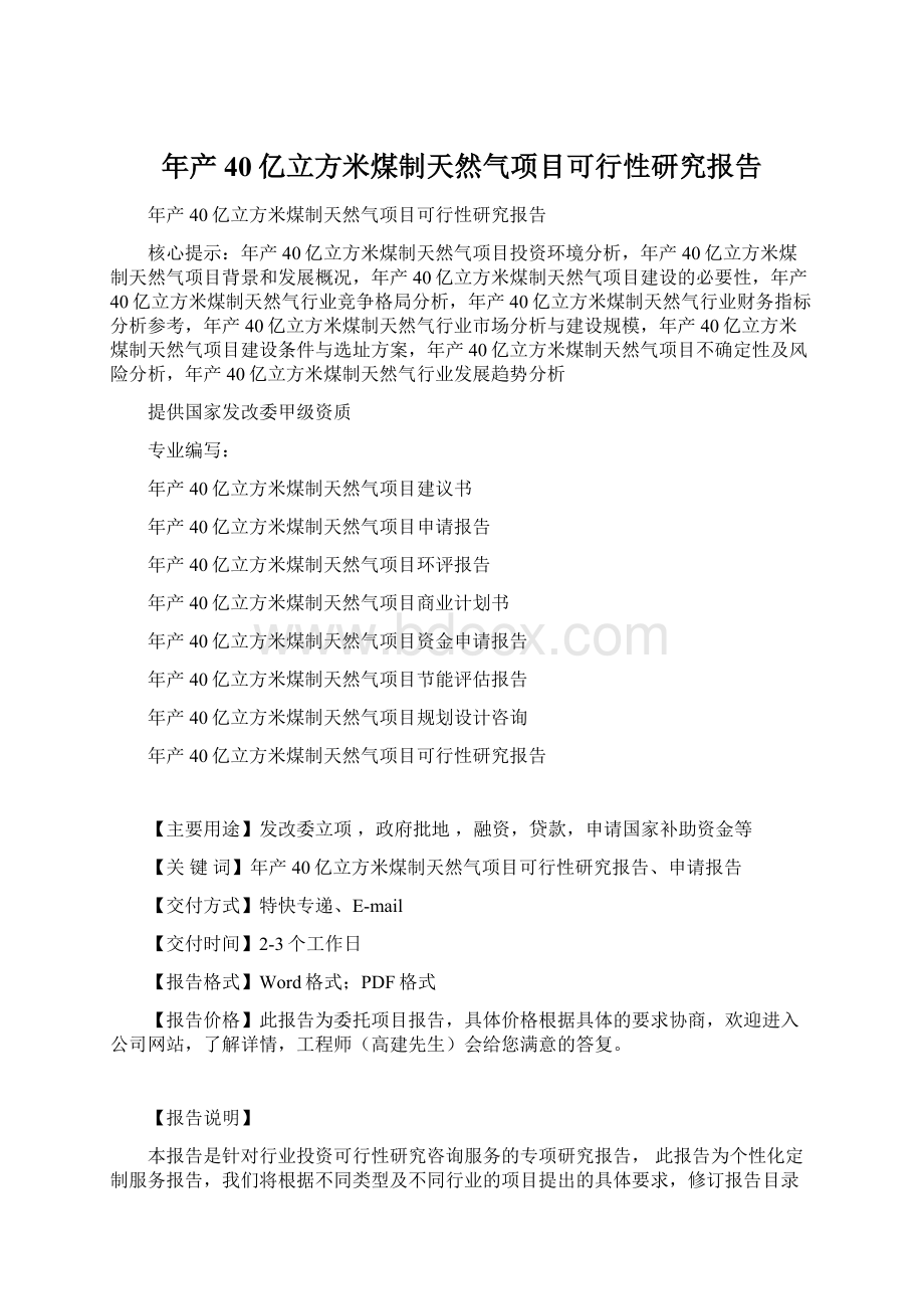 年产40亿立方米煤制天然气项目可行性研究报告.docx