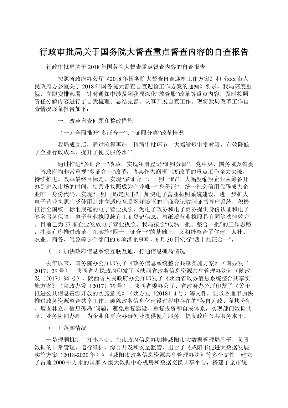 行政审批局关于国务院大督查重点督查内容的自查报告Word格式.docx_第1页