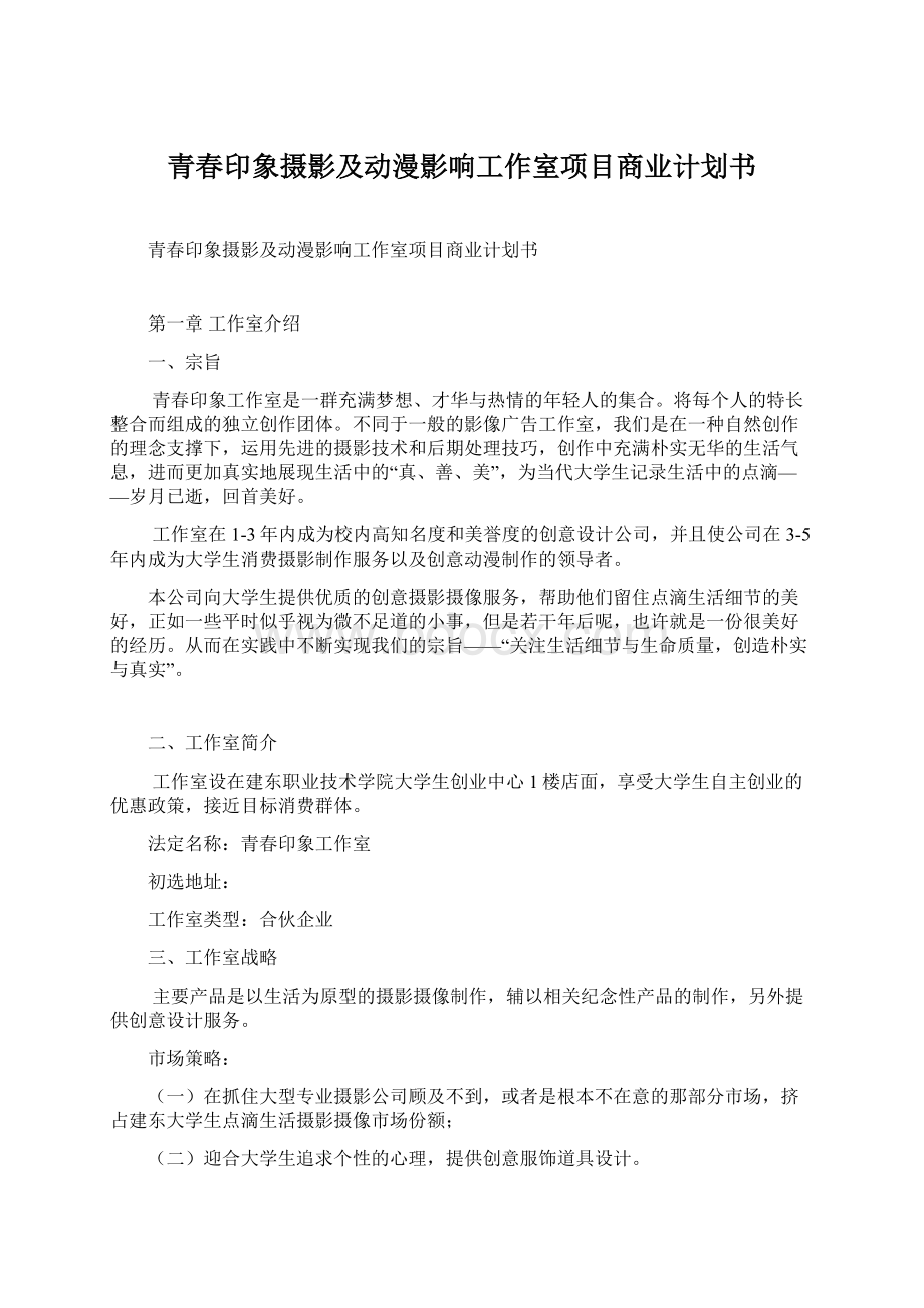 青春印象摄影及动漫影响工作室项目商业计划书.docx_第1页