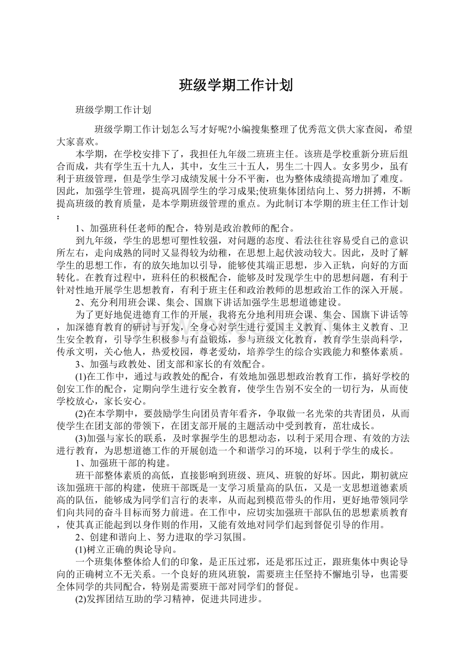 班级学期工作计划文档格式.docx