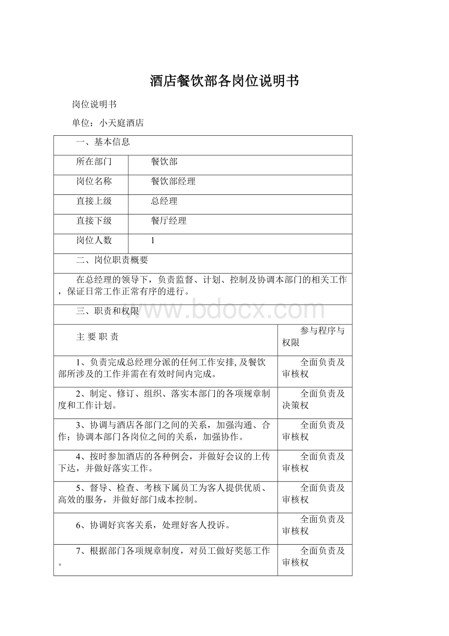 酒店餐饮部各岗位说明书Word文档下载推荐.docx_第1页