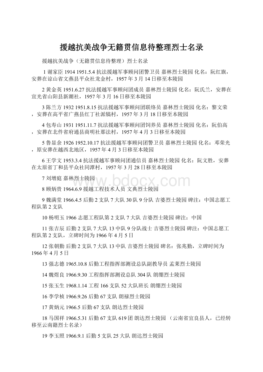 援越抗美战争无籍贯信息待整理烈士名录.docx_第1页