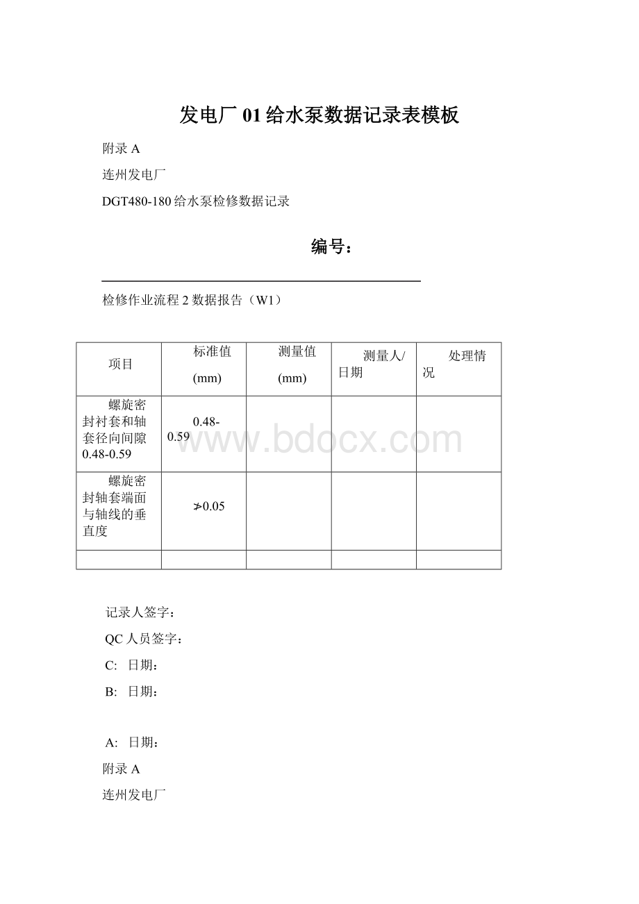 发电厂01给水泵数据记录表模板.docx_第1页