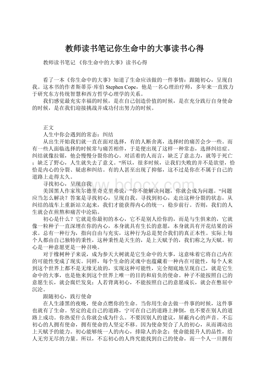 教师读书笔记你生命中的大事读书心得.docx_第1页