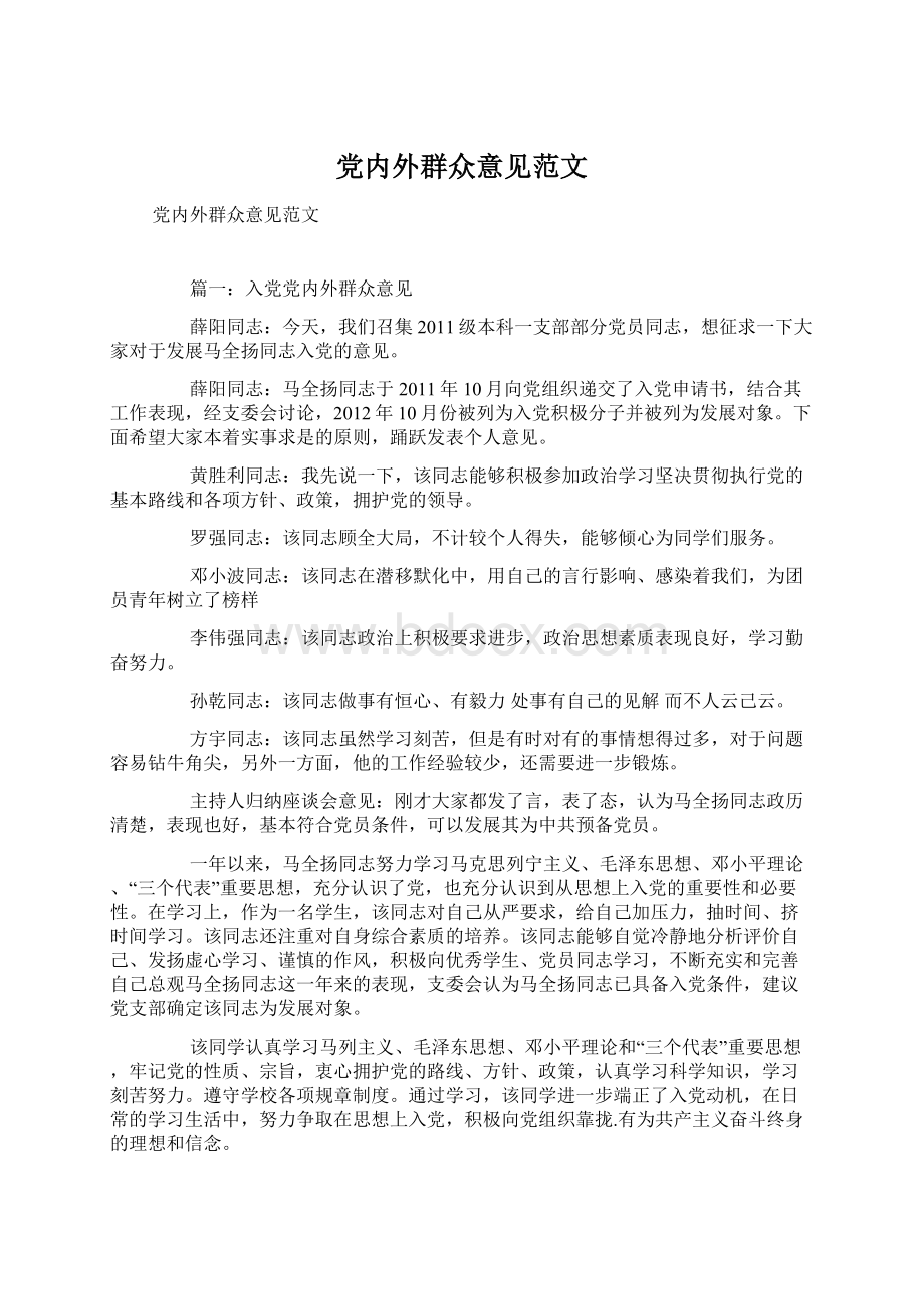 党内外群众意见范文.docx