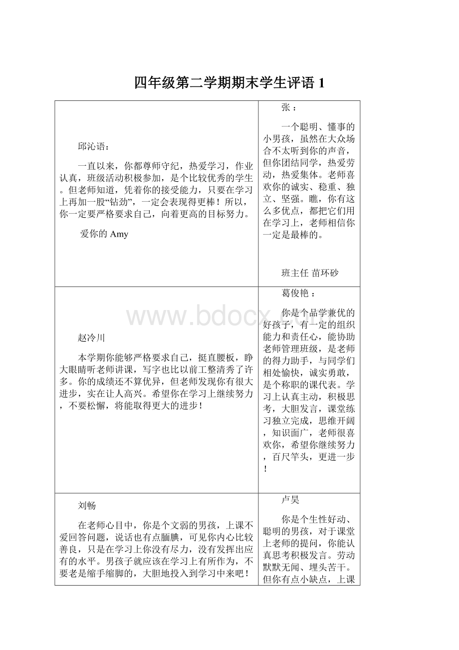 四年级第二学期期末学生评语 1.docx_第1页